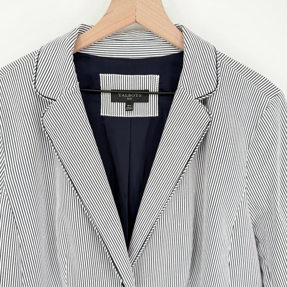 Talbots Navy White Stripe Blazer 16 Plus EUC Seersucker Nautical Coastal Career - Picture 10 of 13